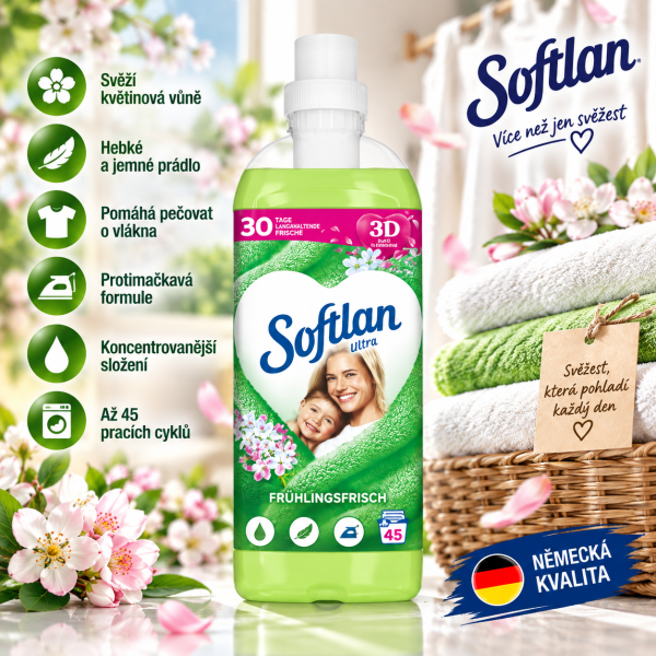 Softlan Ultra 3D Jarní květinová vůně aviváž – 1 l, 45 pracích cyklů
